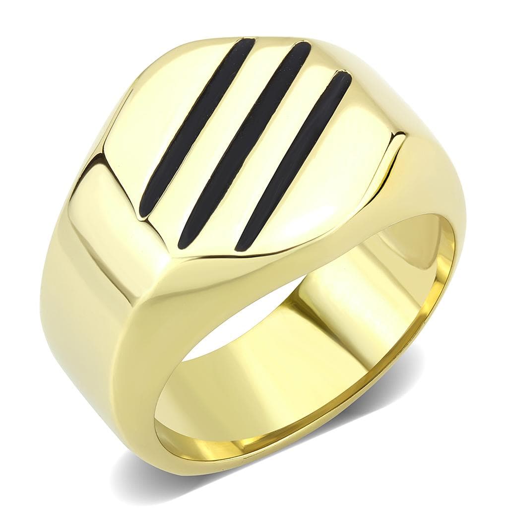 Stainless Steel Gold IP Black Enamel Stripe Polished Wide Ring