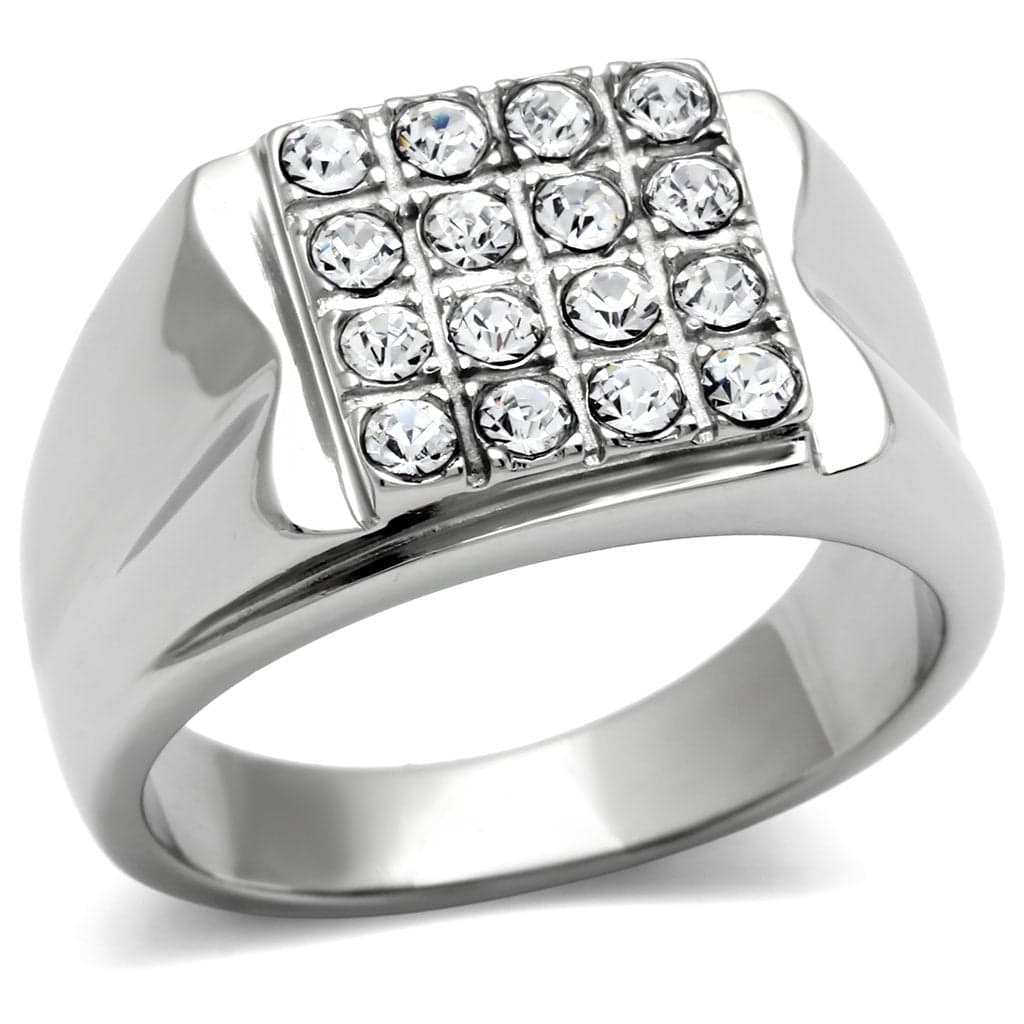 Stainless Steel CZ Round Pave Grid Square Flat Mens Signet Ring