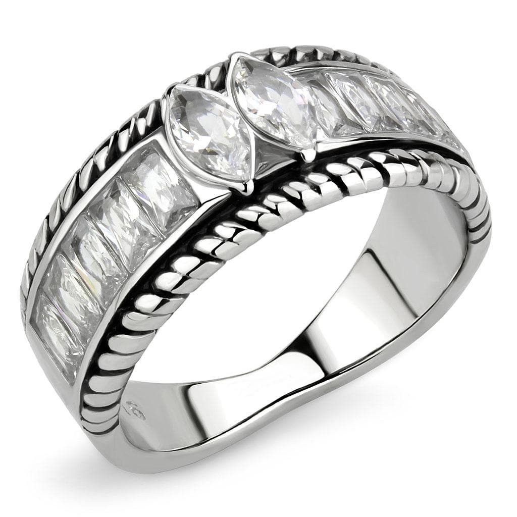 Stainless Steel Silver CZ Marquise Baguette Rope Twist Stack Ring
