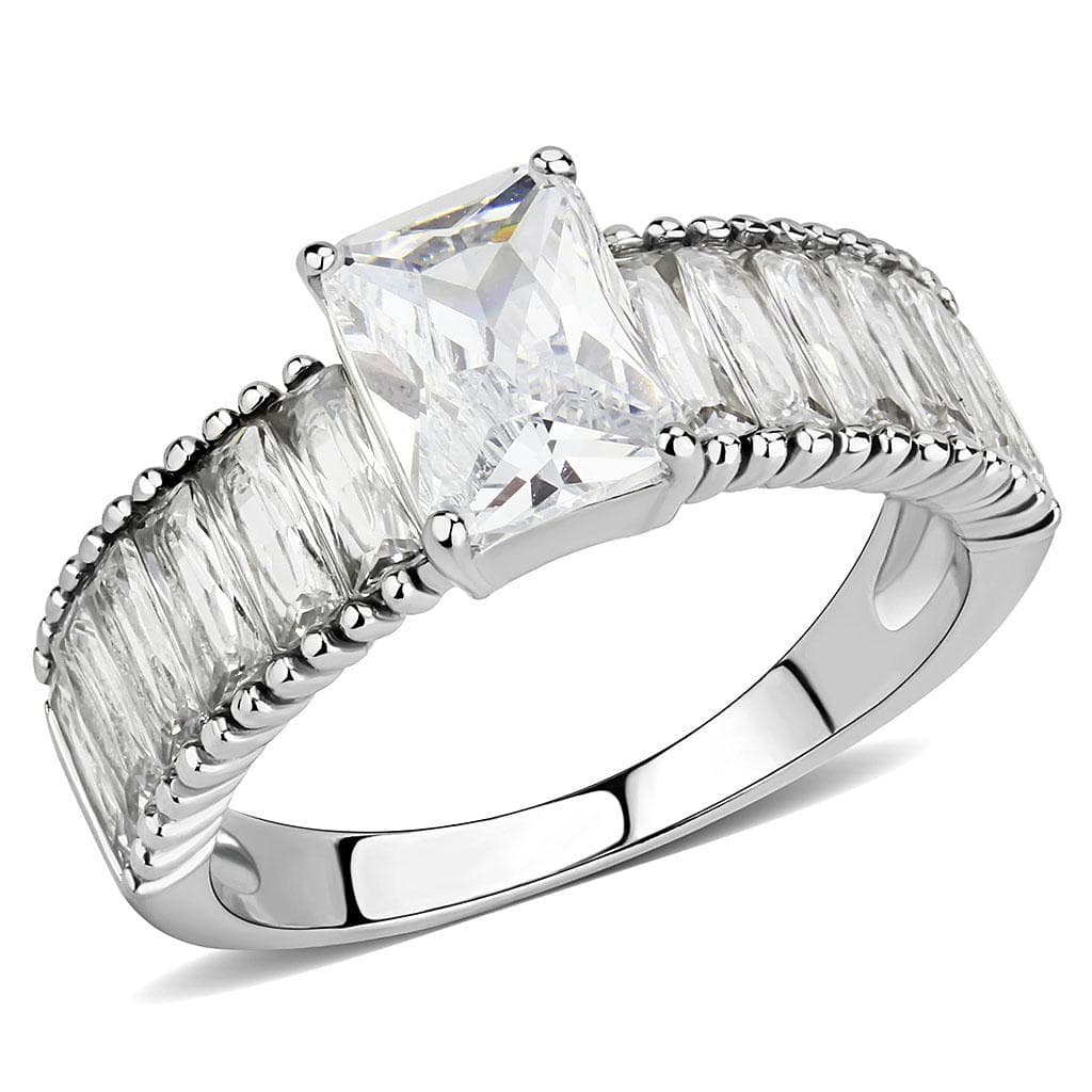 Stainless Steel Silver CZ Princess Emerald Cut Baguette Bead Ring
