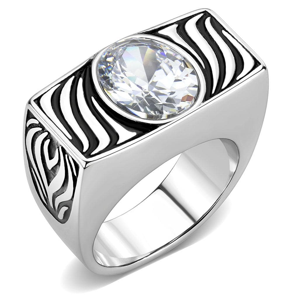 Stainless Steel CZ Round Bezel Zebra Wave Carved Mens Signet Ring
