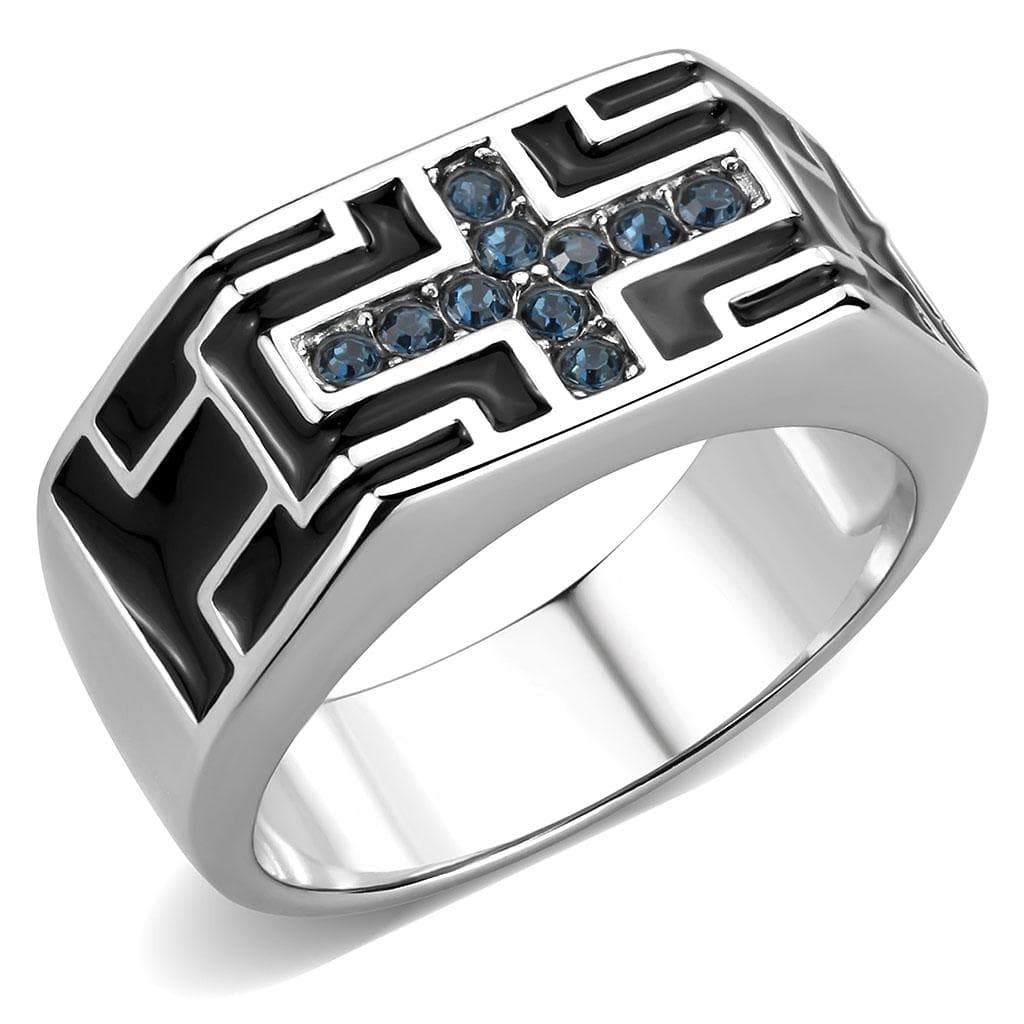 Stainless Steel Silver Blue Sapphire CZ Pave Cross Geometric Ring