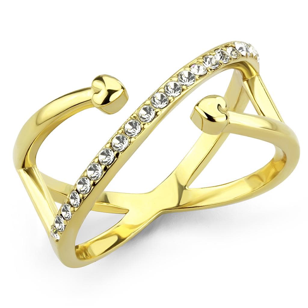 Stainless Steel Gold IP CZ Pave X Crossover Cutout Open Ring