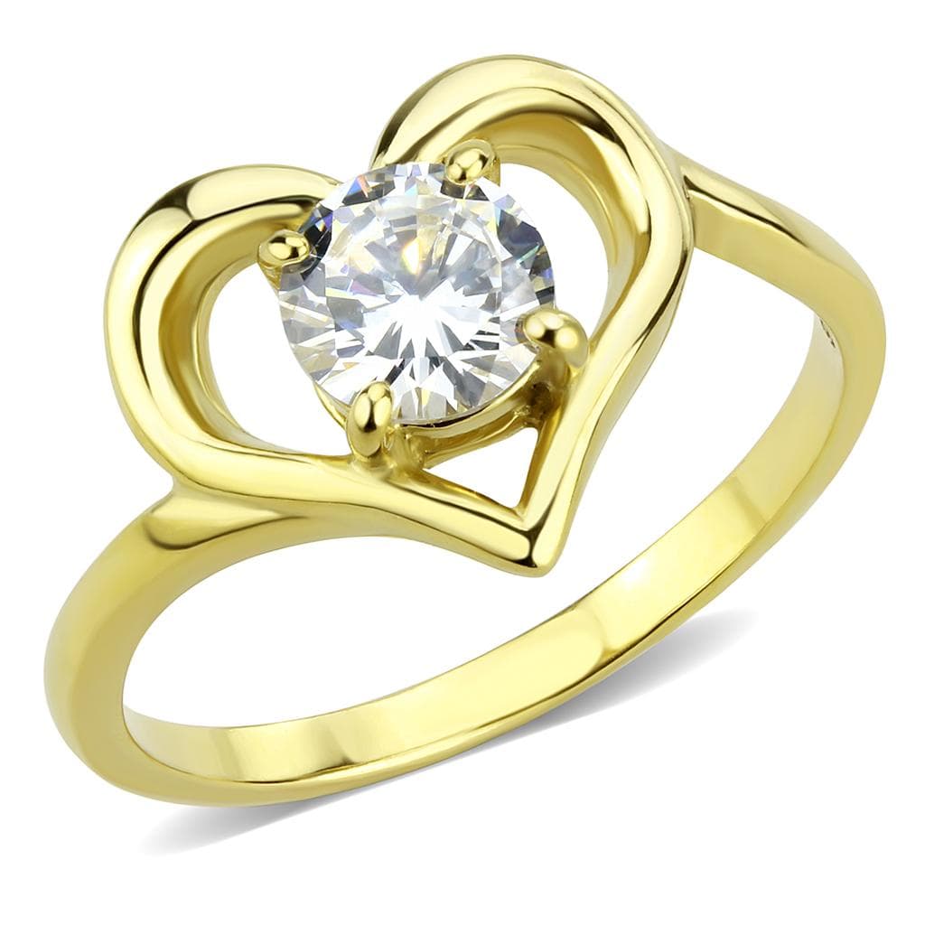 Stainless Steel Gold IP CZ Round Heart Frame Solitaire Ring