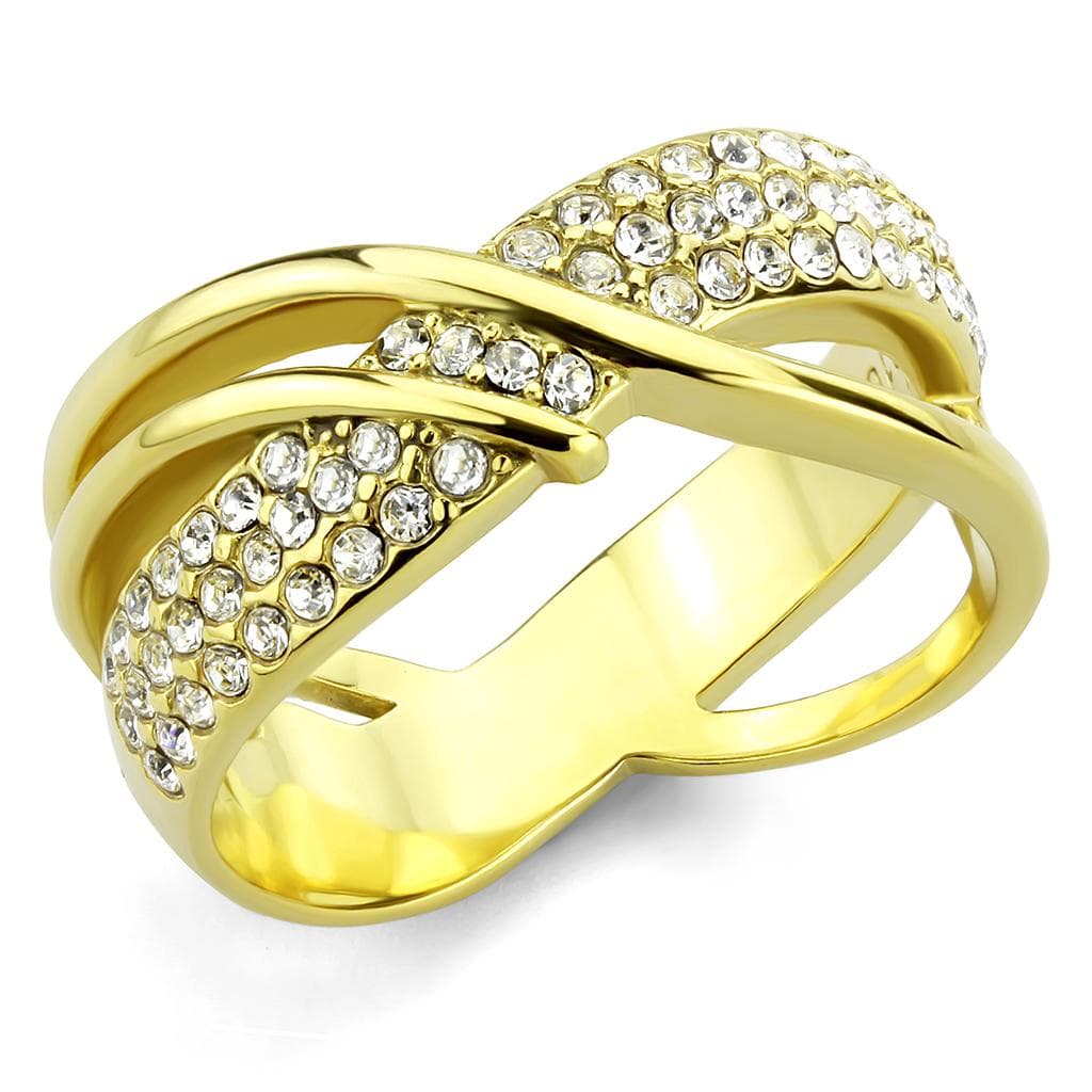 Stainless Steel Gold IP CZ Pave Crossover Infinity Wave Ring
