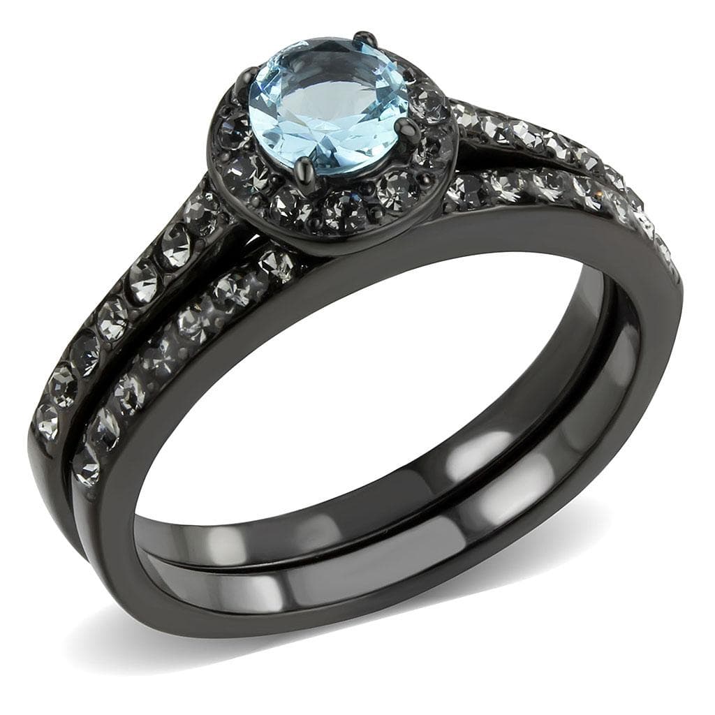 Stainless Steel Black IP Aquamarine Round CZ Pave Halo Stack Ring