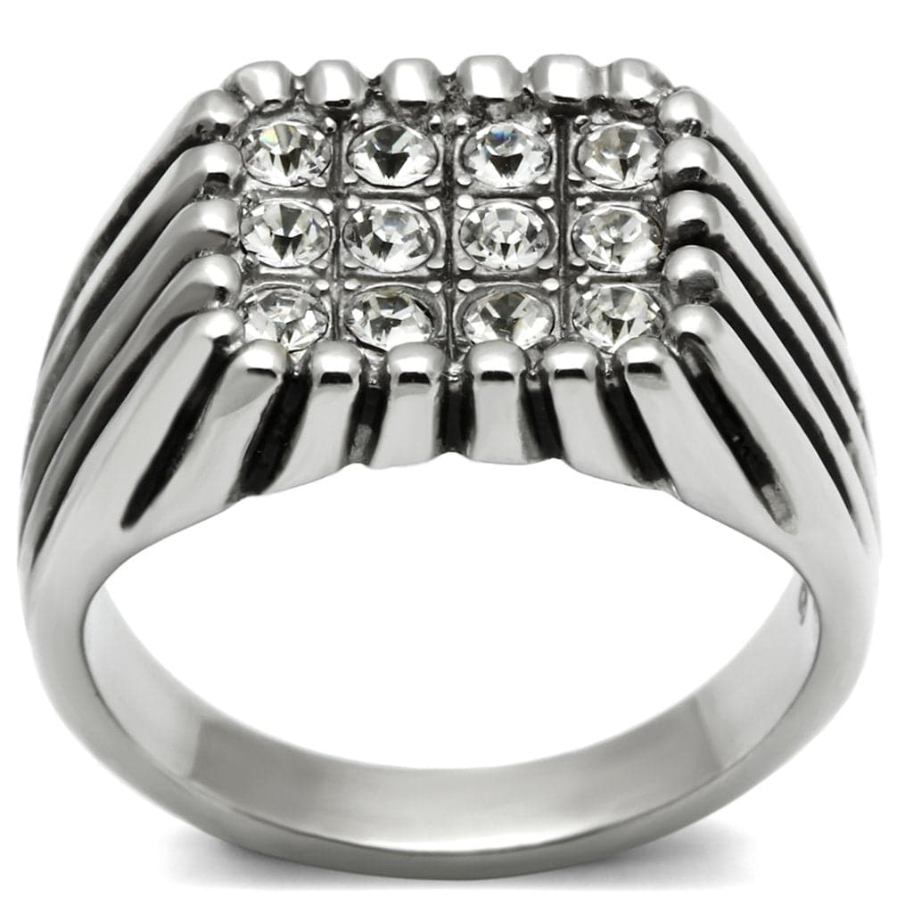 Stainless Steel CZ Pave Grid Ribbed Dome Mens Signet Ring