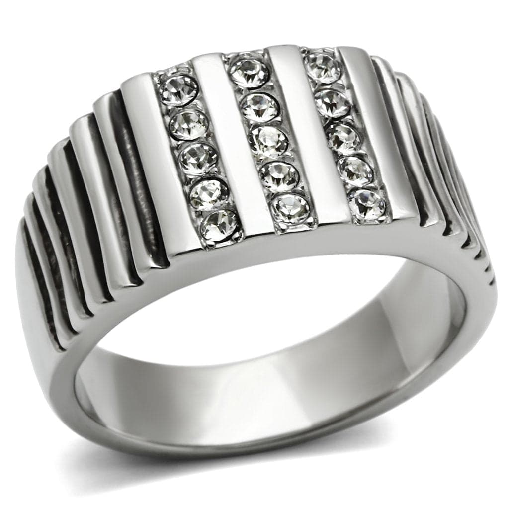 Stainless Steel CZ Channel Row Ribbed Wide Band Mens Ring
