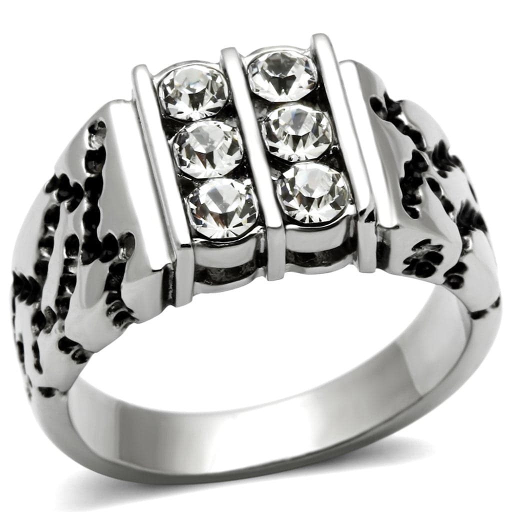 Stainless Steel CZ Round Bar Channel Leopard Print Wide Band Ring