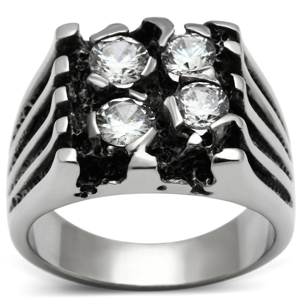 Stainless Steel CZ Round Channel Ribbed Wide Band Mens Ring
