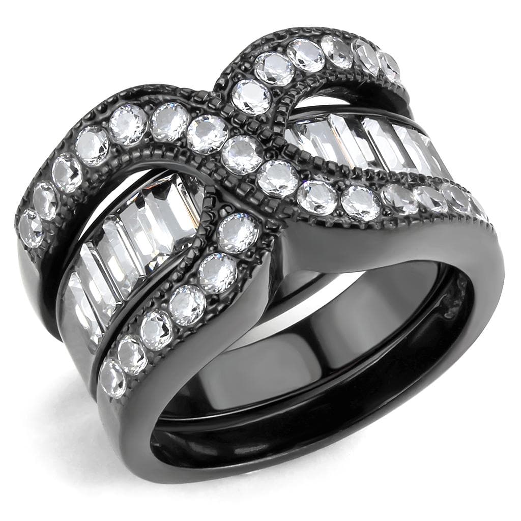 Stainless Steel Dark IP CZ Baguette Round Crossover Cocktail Ring