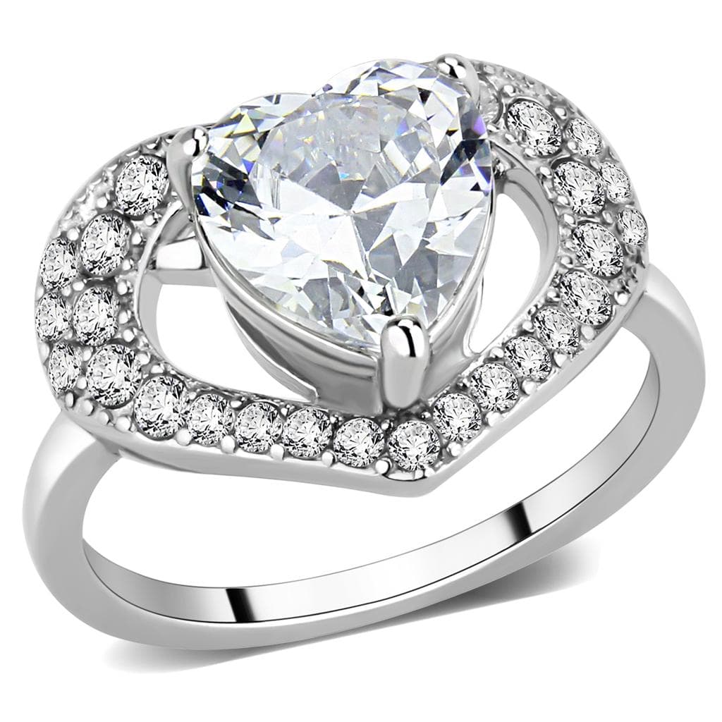 Stainless Steel Silver CZ Heart Pave Halo Solitaire Ring