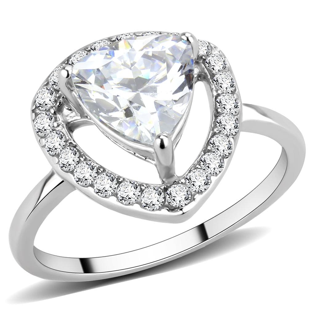 Stainless Steel Silver CZ Trillion Halo Swirl Solitaire Ring