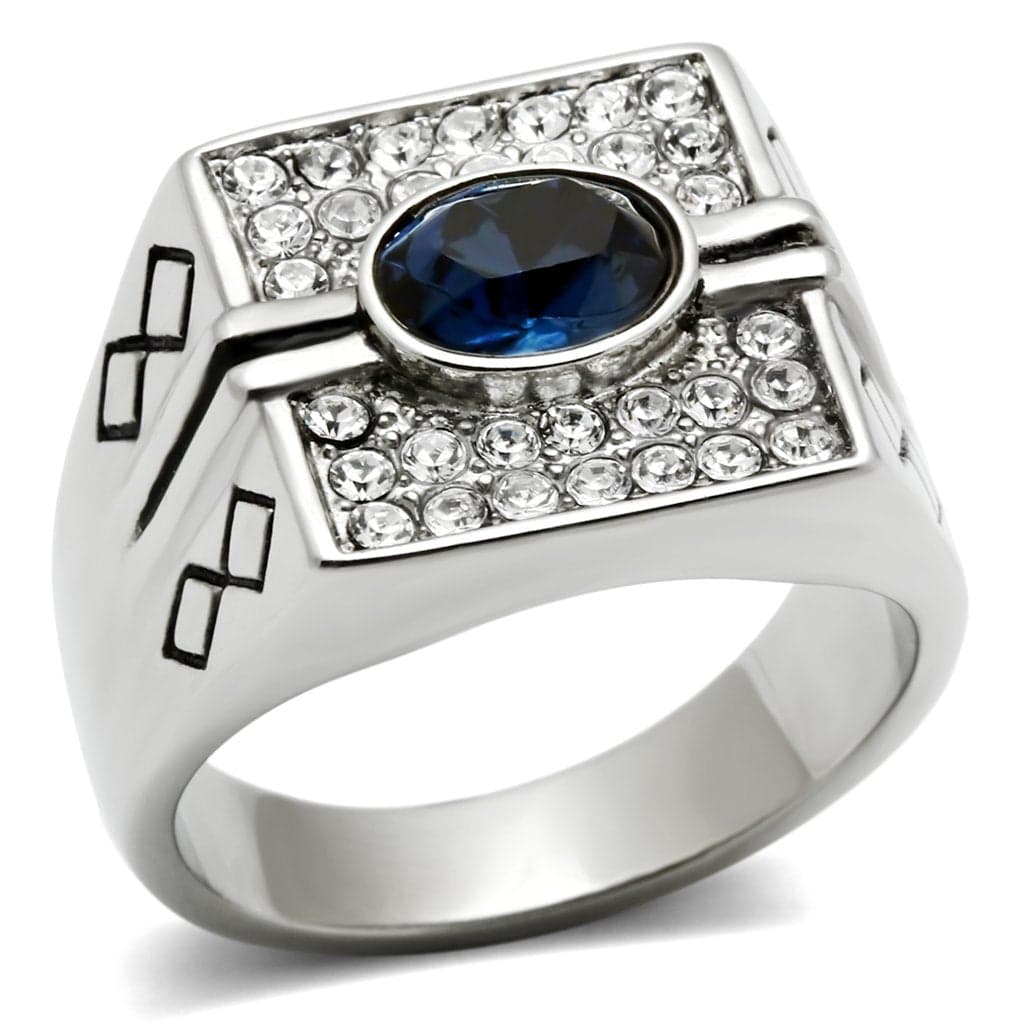 Stainless Steel Blue Stone Oval CZ Pave Mens Signet Ring