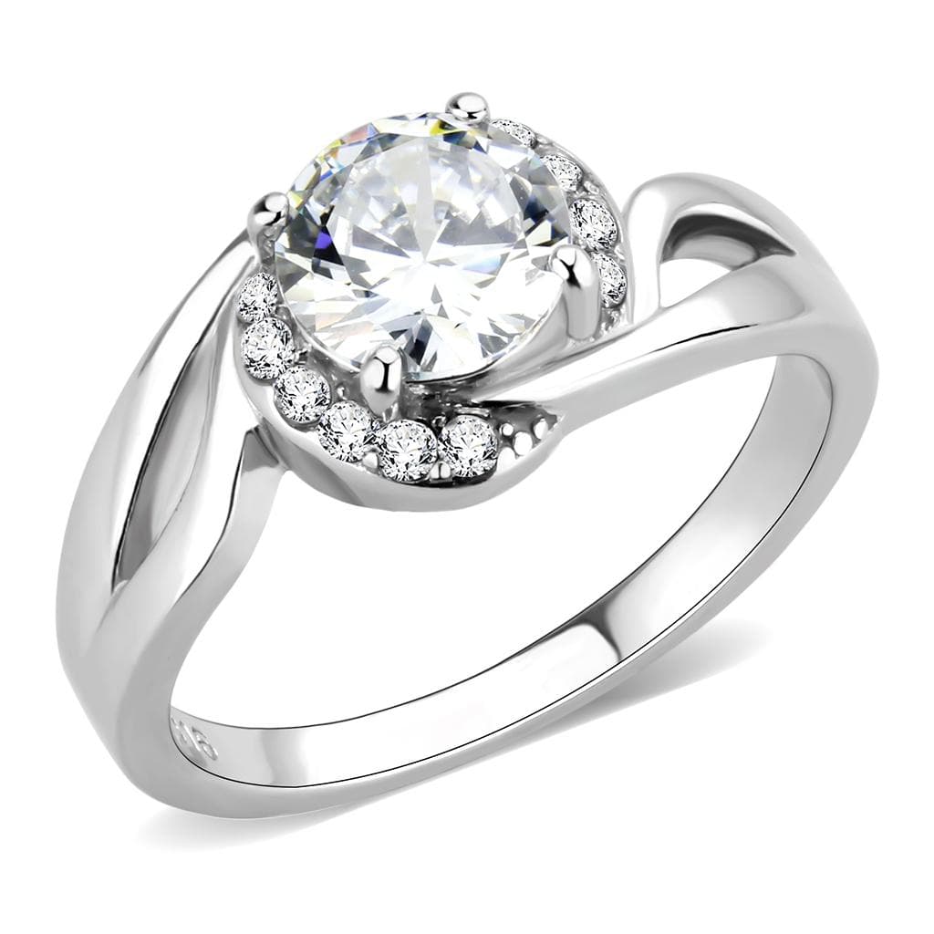 Stainless Steel Silver CZ Round Halo Bypass Solitaire Ring