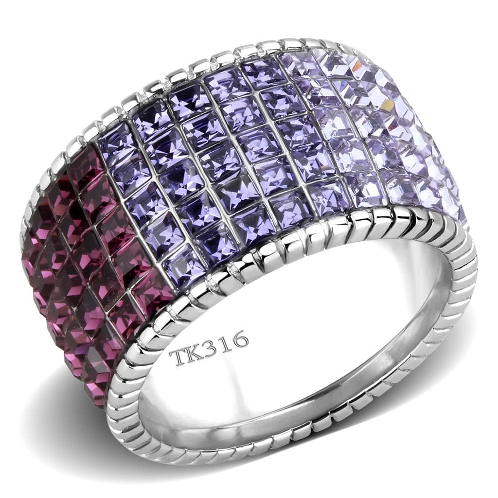 Stainless Steel Amethyst Pink Crystal Princess Channel Wide Ring