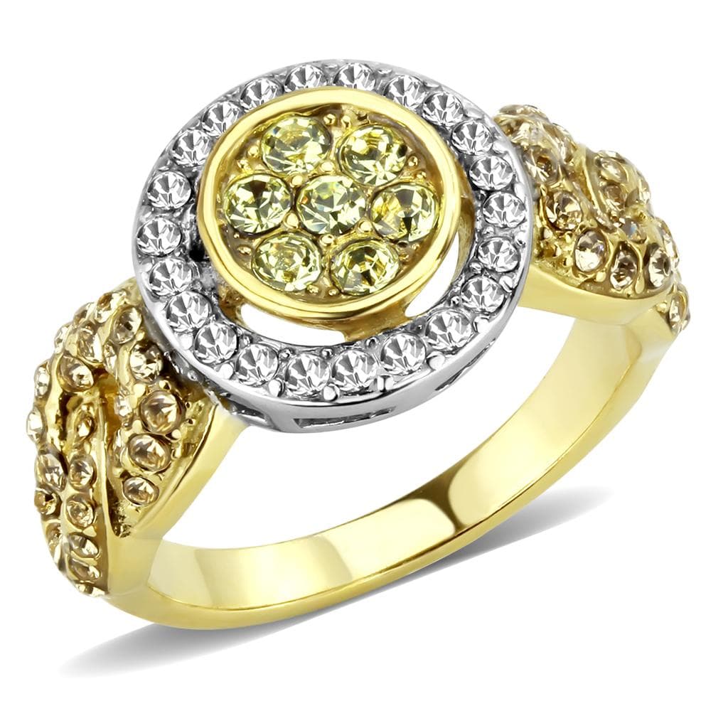 Stainless Steel Gold IP Yellow Crystal Round Baguette Halo Ring