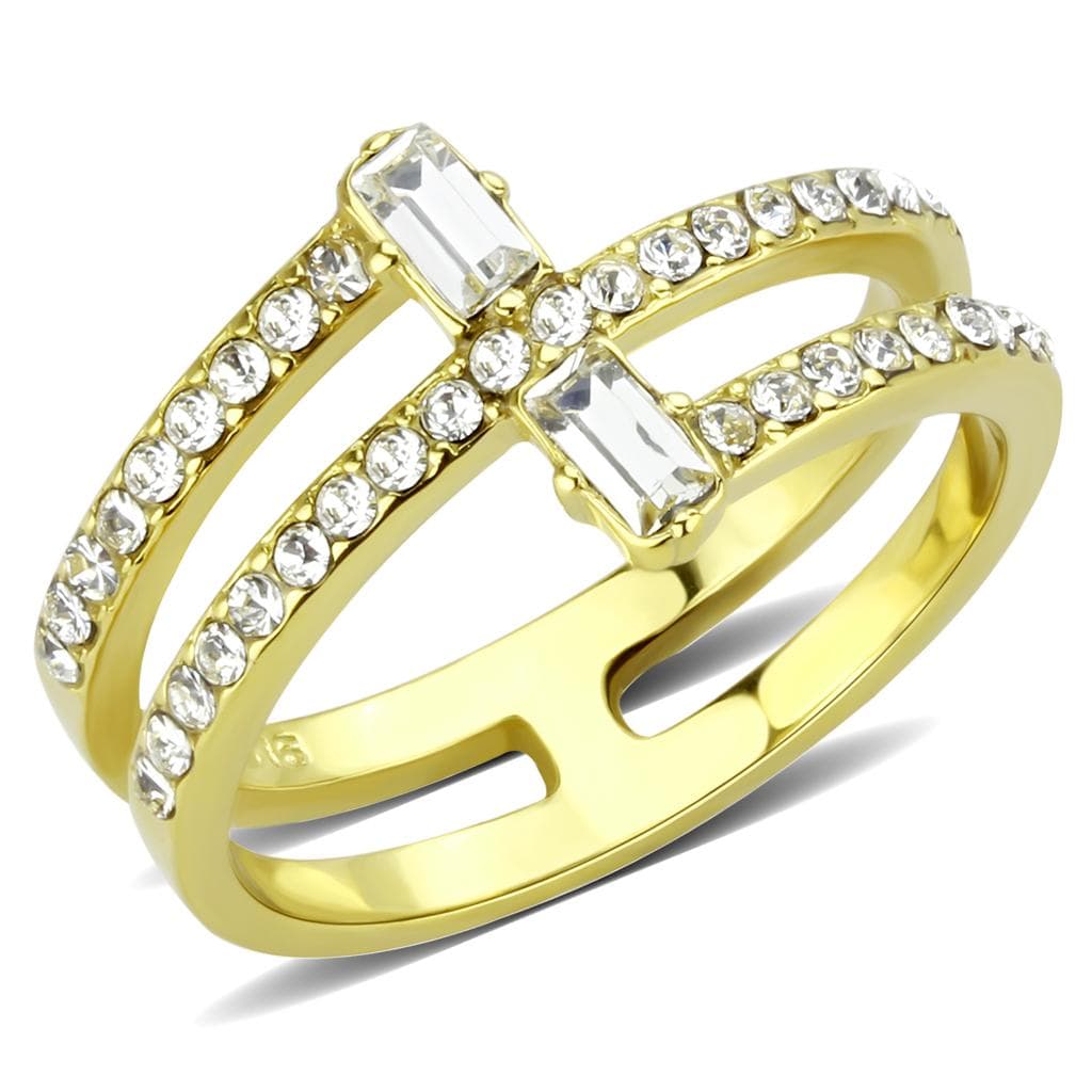 Stainless Steel Gold IP CZ Baguette Round Triple Band Ring