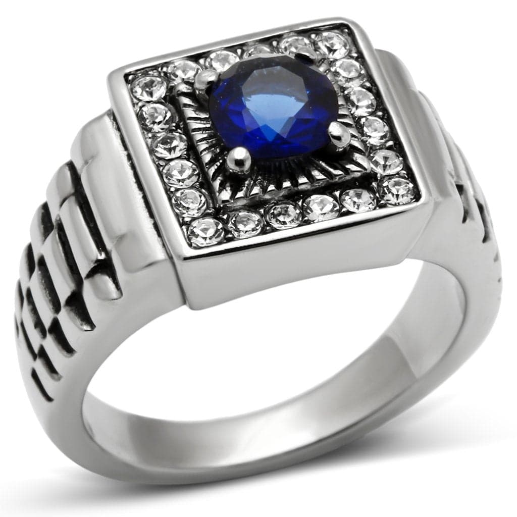 Stainless Steel Blue Stone Square CZ Pave Link Mens Signet Ring