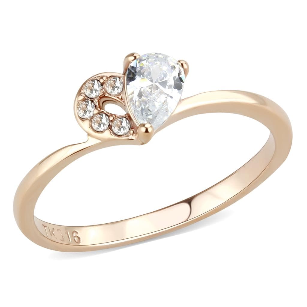 Stainless Steel Rose Gold IP CZ Pear Round Cluster Solitaire Ring