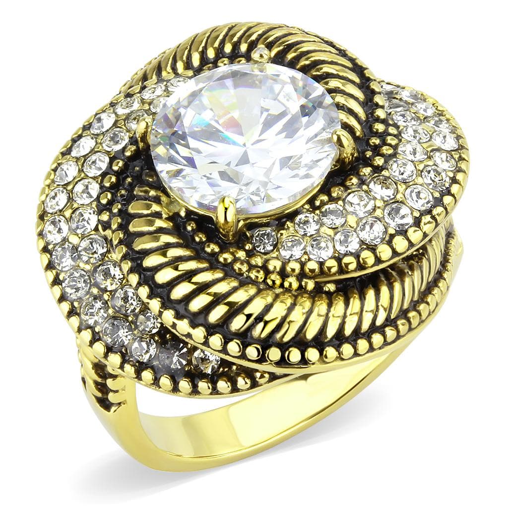Stainless Steel Gold IP CZ Pear Pave Rope Bezel Cocktail Ring