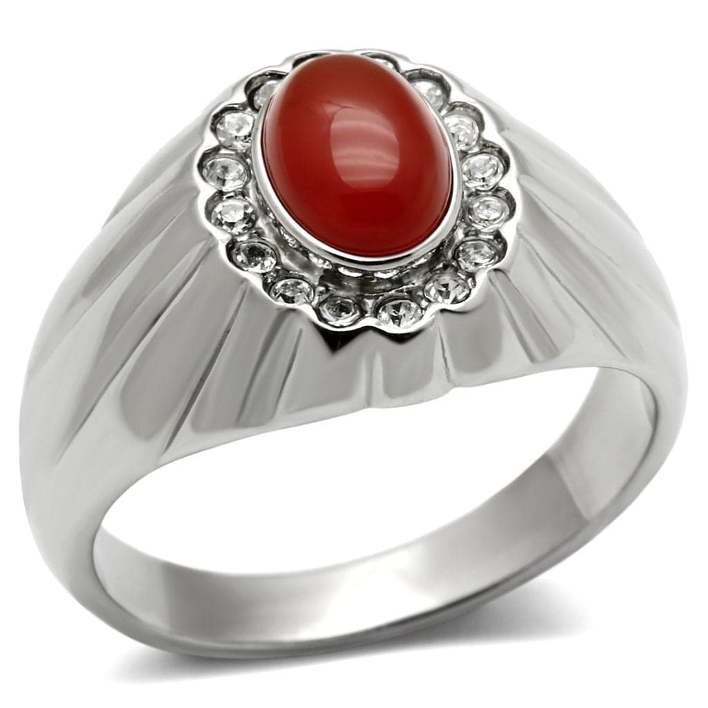 Stainless Steel Red Carnelian Oval Halo CZ Mens Signet Ring