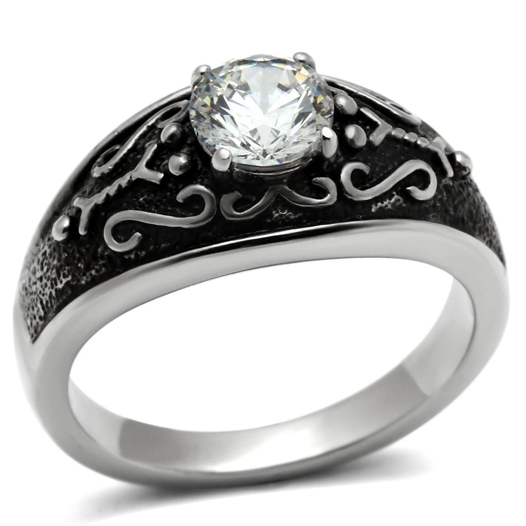Stainless Steel Dark IP CZ Round Scroll Filigree Solitaire Ring