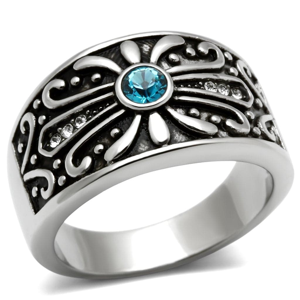 Stainless Steel Silver Blue Topaz Round Fleur De Lis Mens Ring