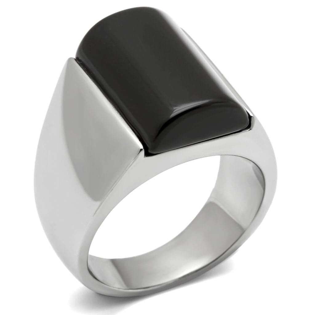 Stainless Steel Silver Black Enamel Square Flat Top Mens Ring
