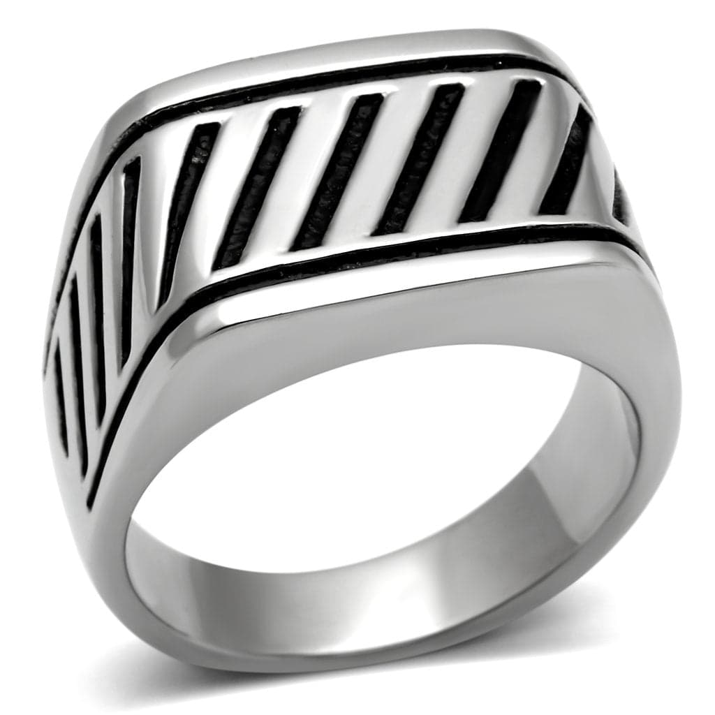 Stainless Steel Silver Black Enamel Diagonal Stripe Mens Ring