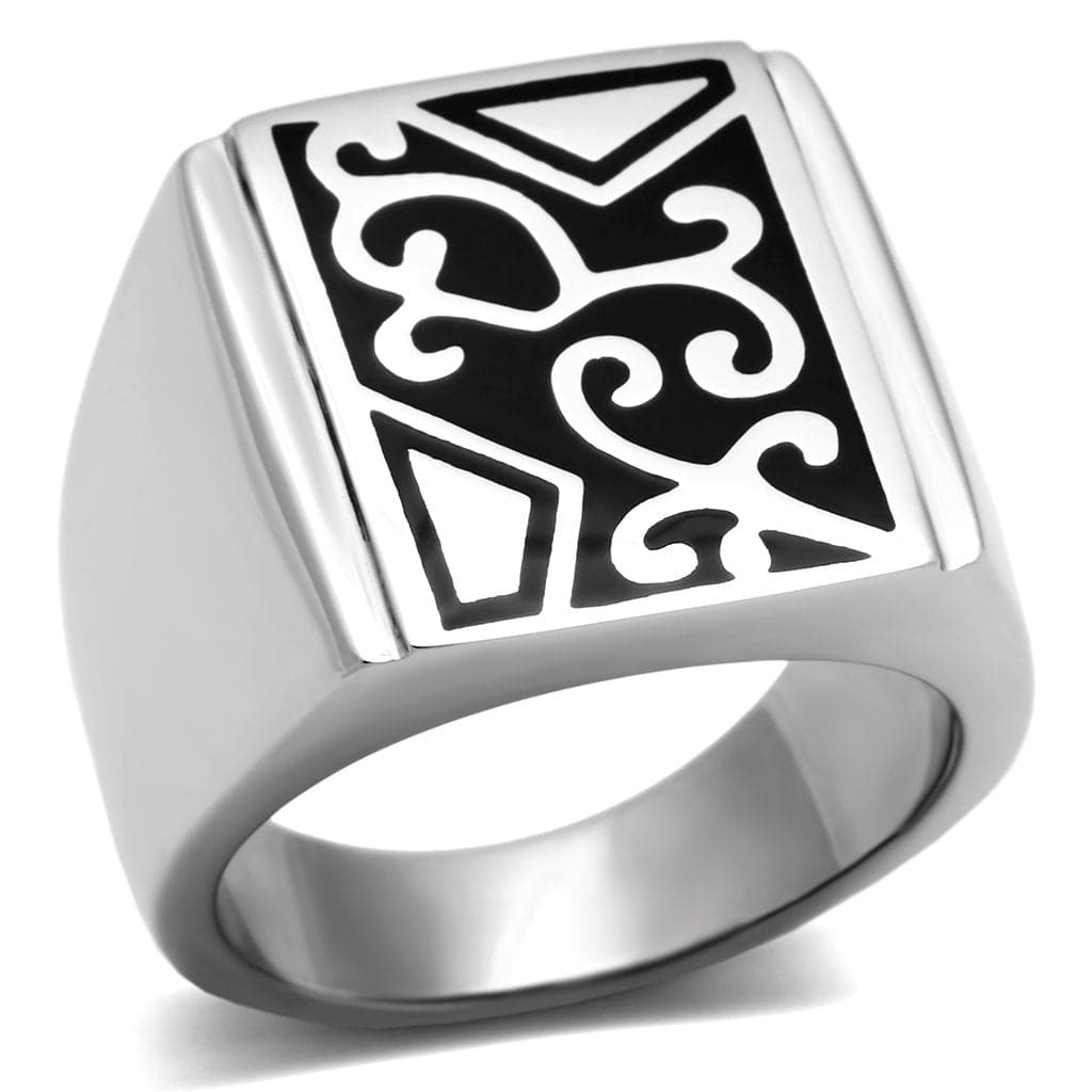 Stainless Steel Silver Black Enamel Scroll Carved Square Ring