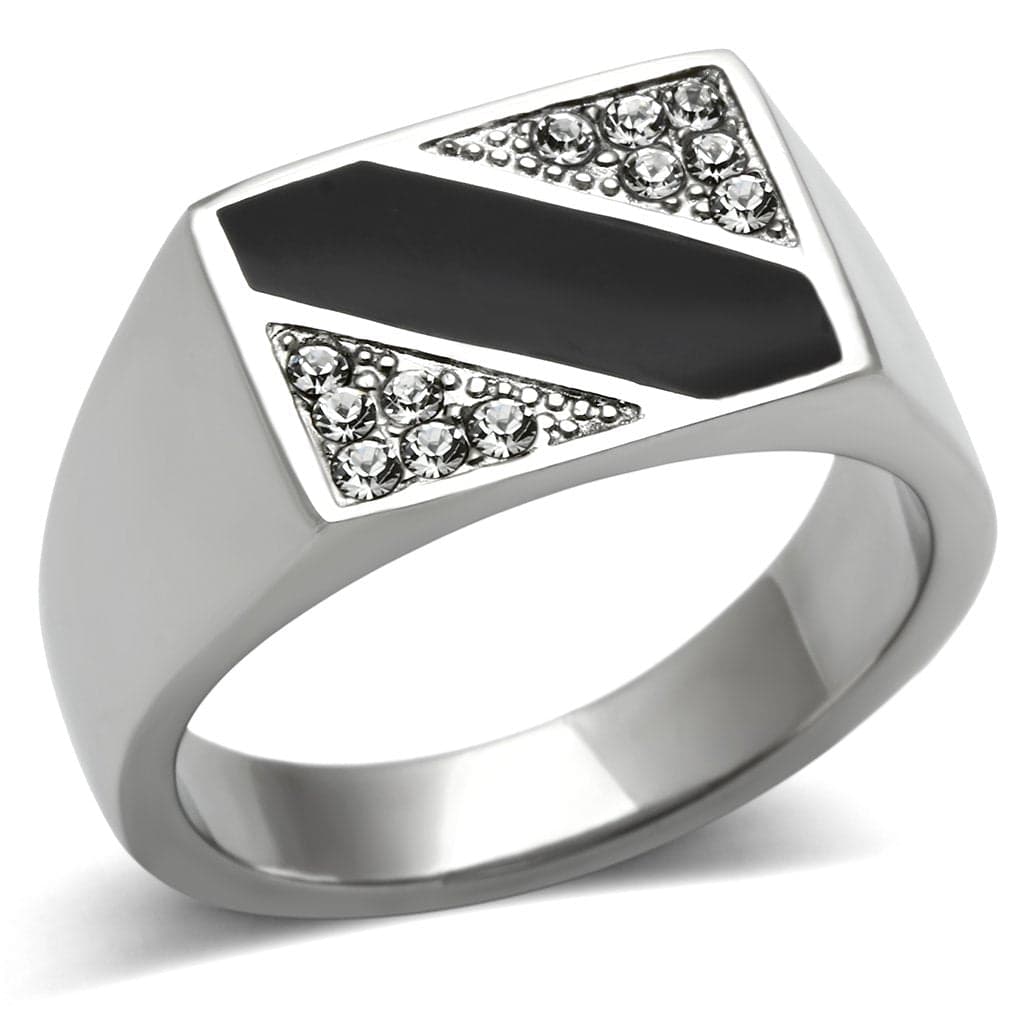 Stainless Steel Silver Black Onyx CZ Diagonal Triangle Mens Ring
