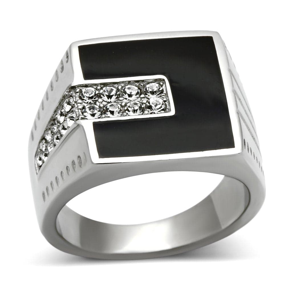 Stainless Steel Silver Black Onyx Rectangle CZ Mens Signet Ring