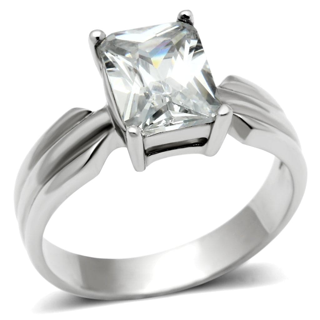 Stainless Steel Silver CZ Princess Split Shank Solitaire Ring