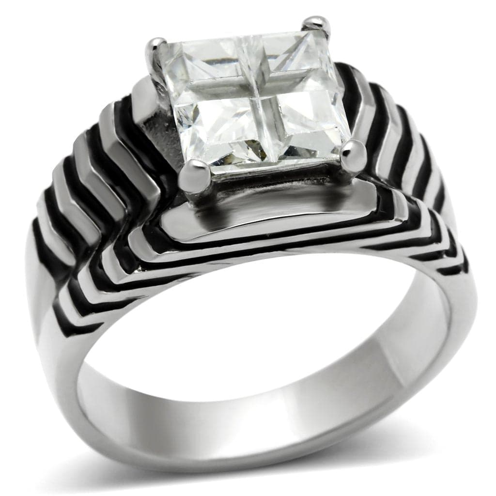 Stainless Steel Silver CZ Princess Chevron Striped Wide Pendant