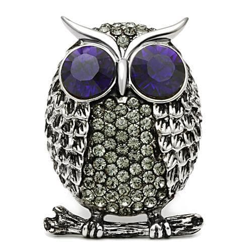 Stainless Steel Dark IP Amethyst Eye CZ Pave Owl Novelty Ring