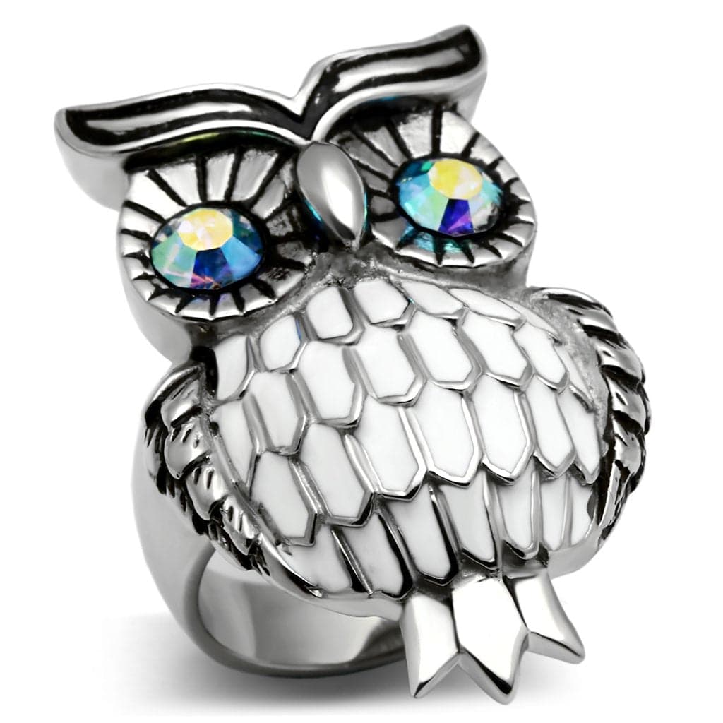 Stainless Steel Silver Aurora Borealis Eye CZ Pave Owl Ring