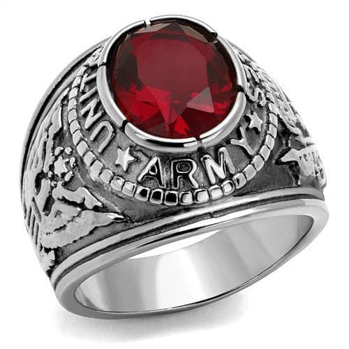 Stainless Steel US Army Red CZ Round Eagle Military Signet Ring