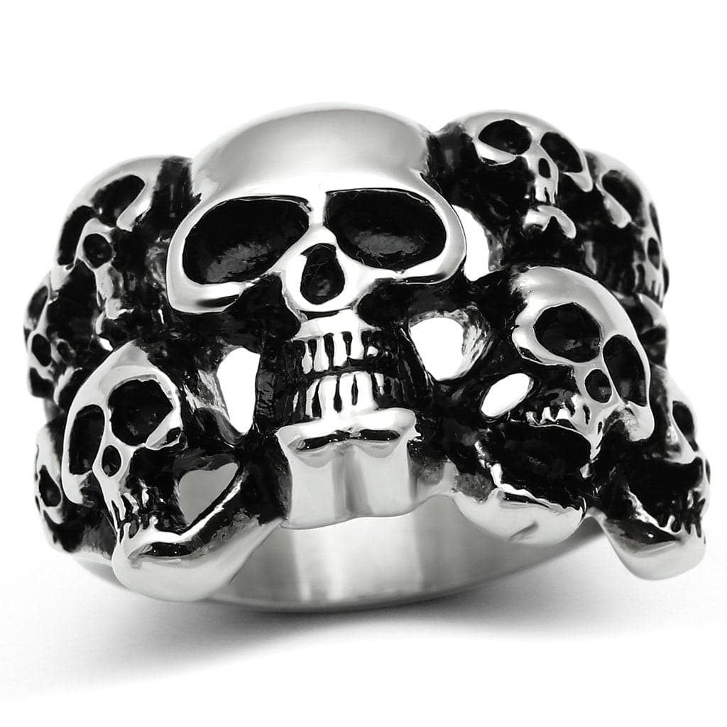 Stainless Steel Silver Triple Skull Cluster Biker Wide Band Ring