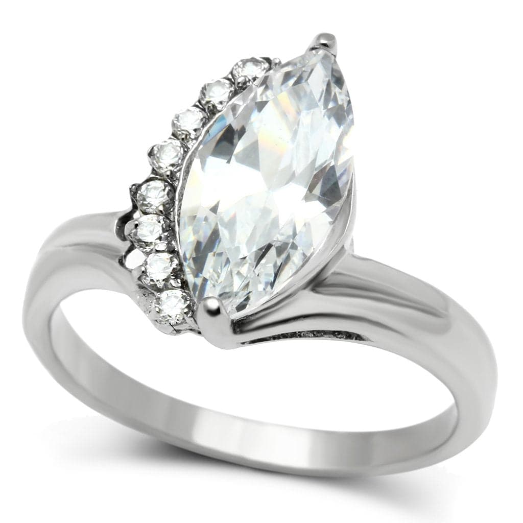Stainless Steel Silver CZ Marquise Leaf Bypass Solitaire Ring