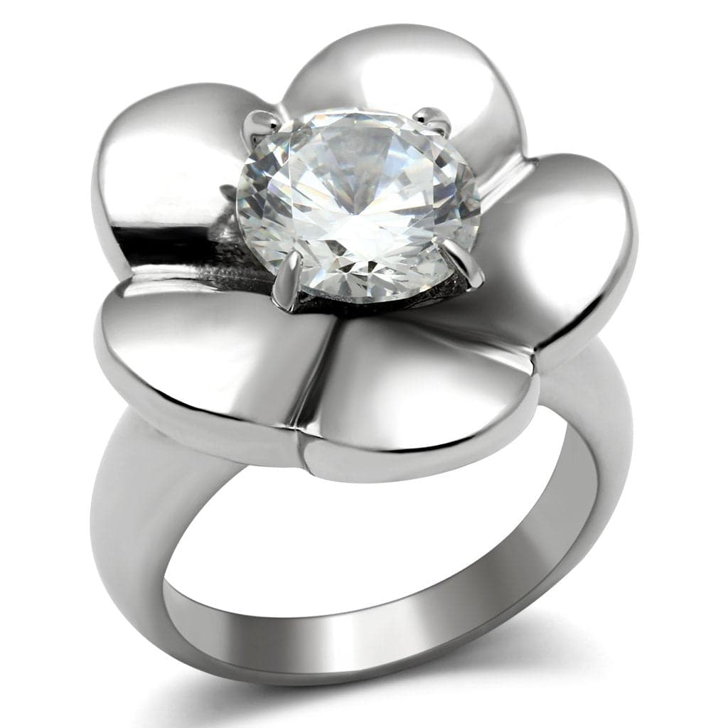 Stainless Steel Silver CZ Round Flower Petal Cocktail Ring