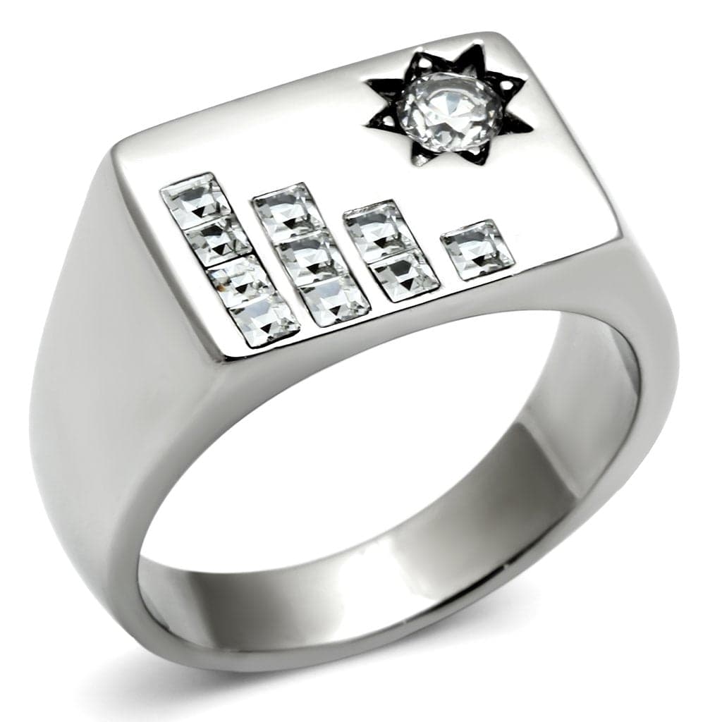 Stainless Steel Silver CZ Star Sun Rectangle Mens Signet Ring