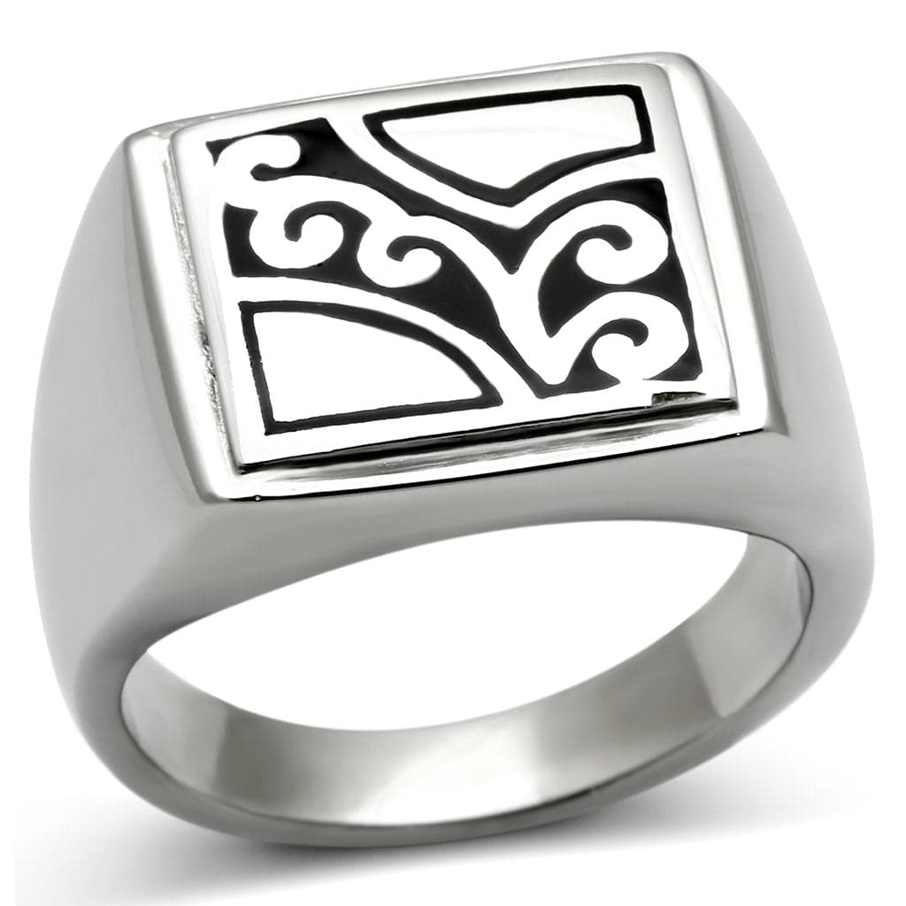 Stainless Steel Black Enamel Scroll Carved Square Mens Signet