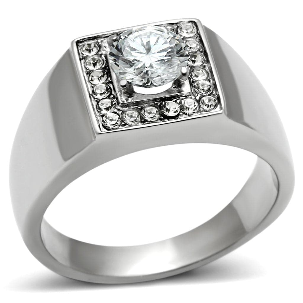Stainless Steel Silver CZ Round Halo Square Mens Signet Pendant