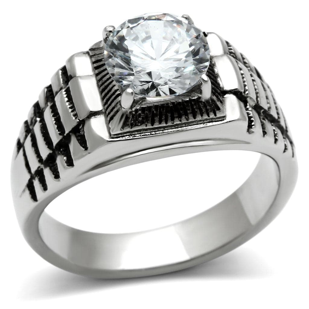 Stainless Steel Silver CZ Round Ribbed Square Mens Signet Pendant