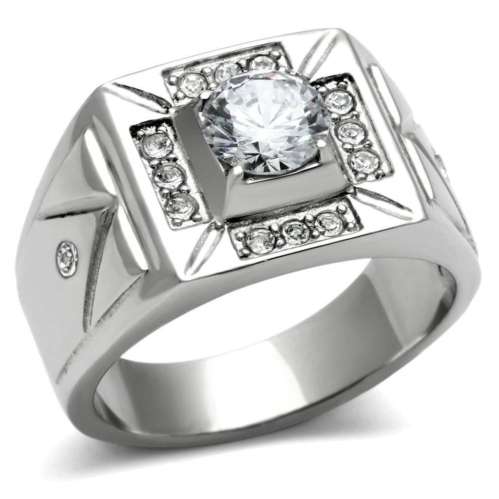 Stainless Steel CZ Round Square Halo Chevron Mens Signet Ring
