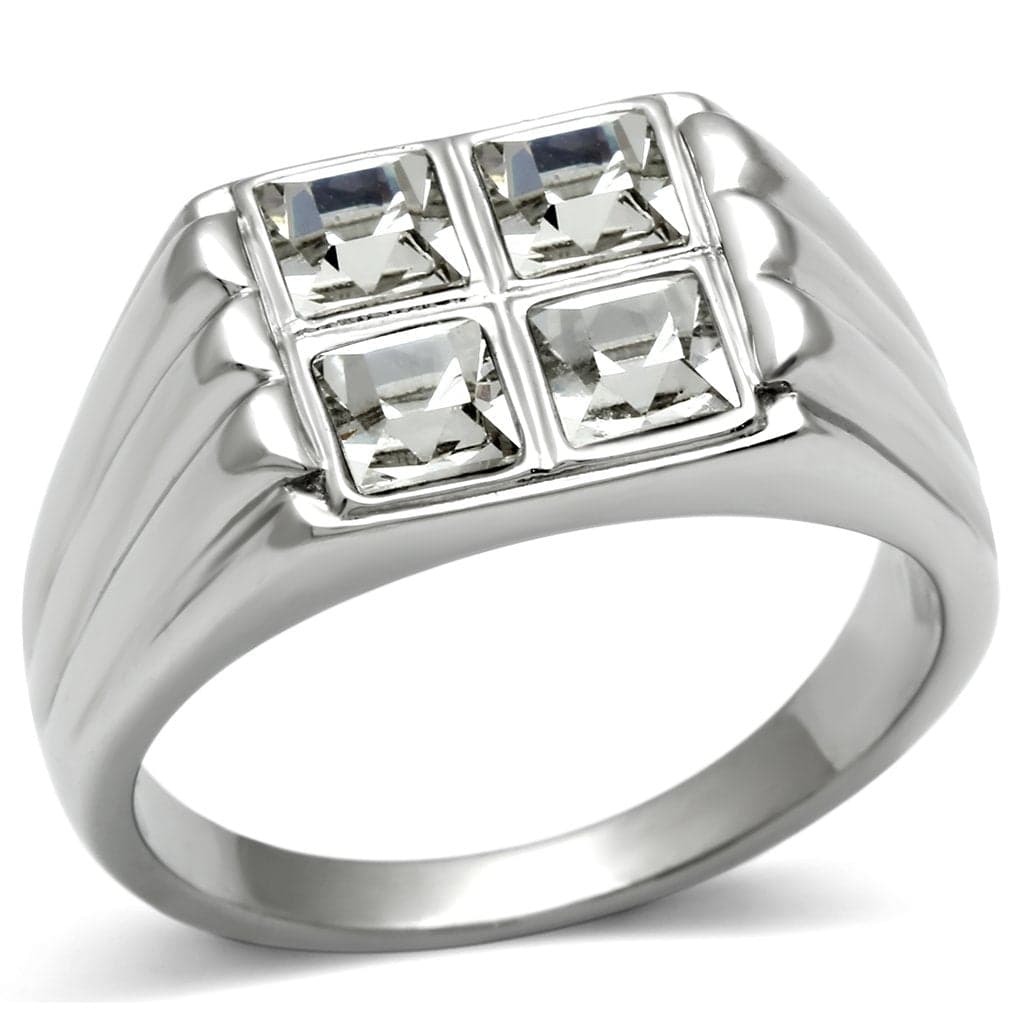 Stainless Steel Silver CZ Princess Four Stone Square Blue Ring