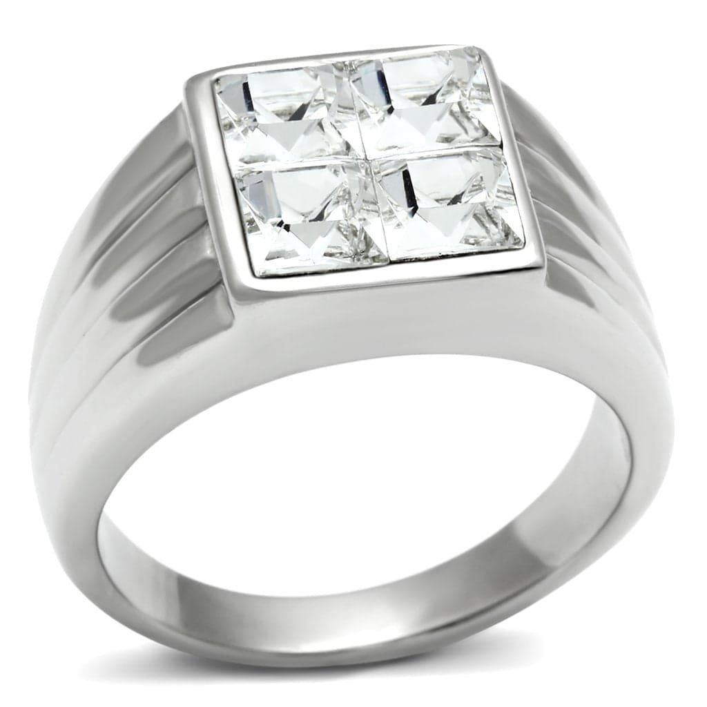 Stainless Steel CZ Princess Channel Graduated Wide Cocktail Ring