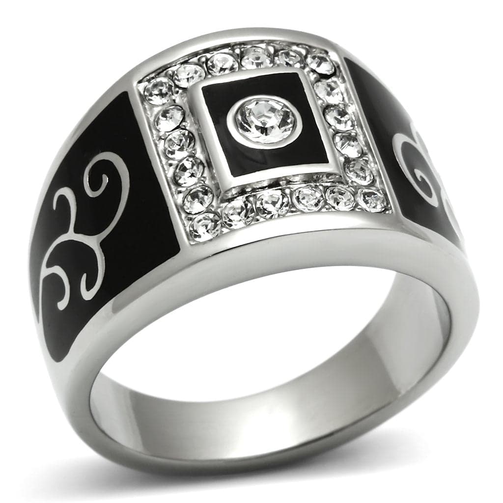 Stainless Steel Silver Black Enamel CZ Scroll Pattern Wide Ring