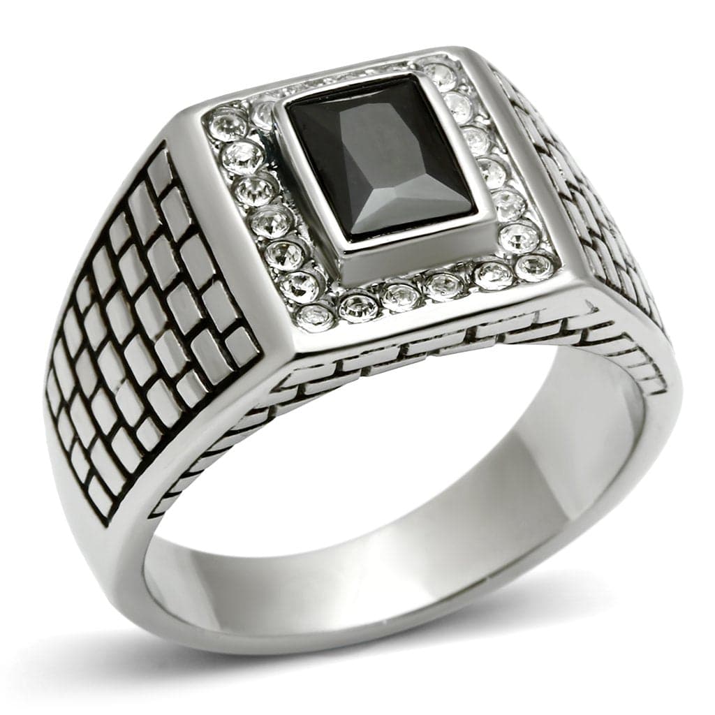 Stainless Steel Silver CZ Princess Black Crosshatch Square Ring
